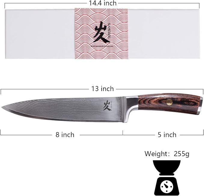 SAMCOOK Damascus Chef Knife - 8 Inch Professional Sharp Kitchen Knife, High Carbon Stainless Steel Meat Sushi Cutting Gyuto knife - Ergonomic Pakkawood Handle with Gift Box