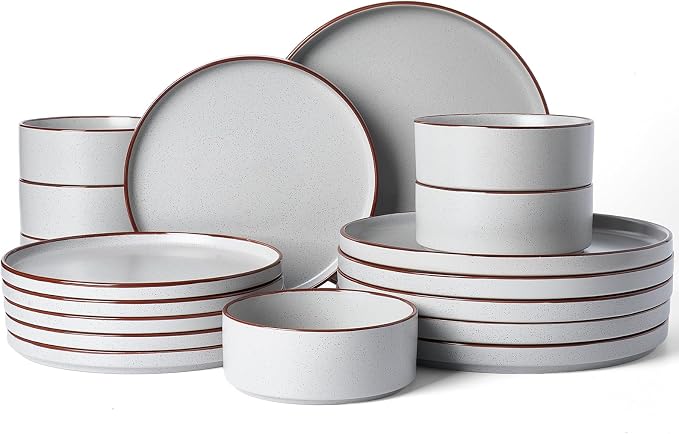 Famiware Nebula Ridge 18-Piece Stoneware Dinnerware Set, Light Gray | Plates and Bowls for 6, Warm Hand-Painted Rims, Microwave and Dishwasher Safe, Daily Essentials