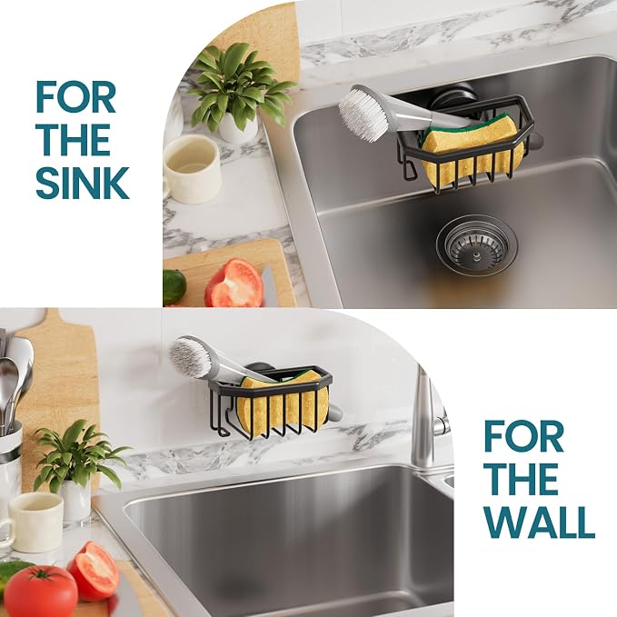 TAILI Sponge Holder for Kitchen Sink with Suction Cup-Black Aluminum | Rustproof Aluminum Sink Caddy for Sponges,Brushes,Stoppers & Scrapers,Removable Ventilated Quick-dry Design, holds Up 11lbs