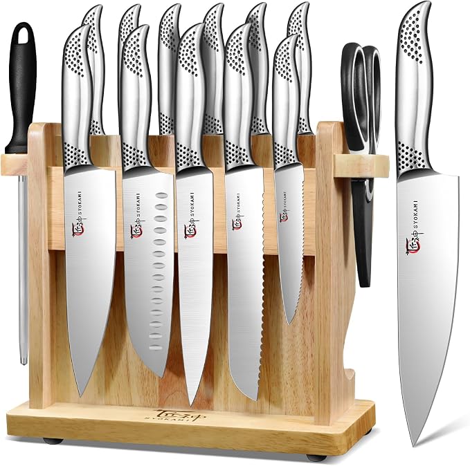 Japanese Knives Set for Kitchen, Magnetic Knife Set with Block and Sharpener, Stainless Steel Knife Set as Gift for Couple, Wedding, Women or Mom with Gift Box, 14 PCS Black Dot