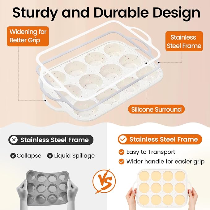 Silicone Muffin Pans for Baking 1 Pack, 2.8 Inch with Metal Reinforced Frame, Regular Size Nonstick Silicone Cupcake Pan 12 Cups for Baking Homemade Muffins, Cupcakes, Dishwasher Safe BPA Free