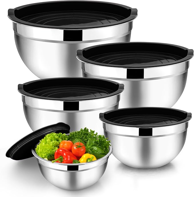 TeamFar Mixing Bowls Set of 5, Stainless Steel Metal Salad Bowls with Lids | 4.5/3/1.5/1/0.7 QT, Nesting Bowls, Ideal for Mixing Prepping Serving, Non-Toxic & Sturdy, Airtight Lid & Easy Clean, Black