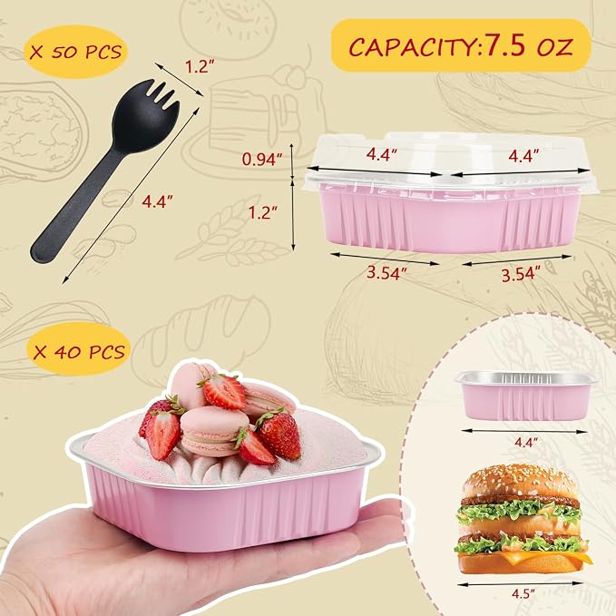 LNYZQUS 4 Inch Mini Pie Tins with Lids, 7.5oz Foil Individual Cake Pans | 40 Pack, Square, Pink, Disposable, Small Baking Cups, Single Brownie Take-out Containers for Bake Sale Treats