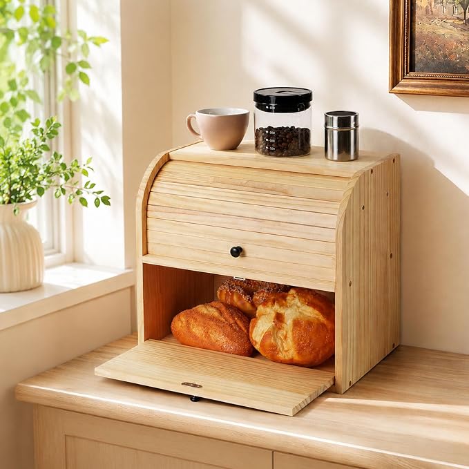 Sunhoo Wooden Bread Box for Kitchen Countertop, Roll Top Breadbox, Natural | Large Double Layer Pantry Container, Solid Wood with Cutting Board, Fresh Homemade Sourdough Bin Cabinet, Vintage Farmhouse