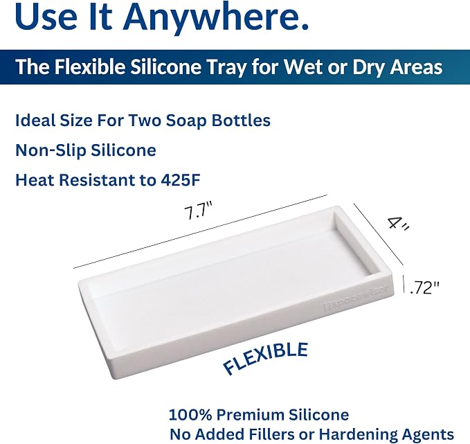 Countertop & Vanity Silicone Tray – 2 PC Small 7.7" Soap Tray | Kitchen Soap Tray Set, Dish Soap Tray for Kitchen Counter, Kitchen Sink Tray, Silicone Soap Dispenser Tray & Sponge Holder