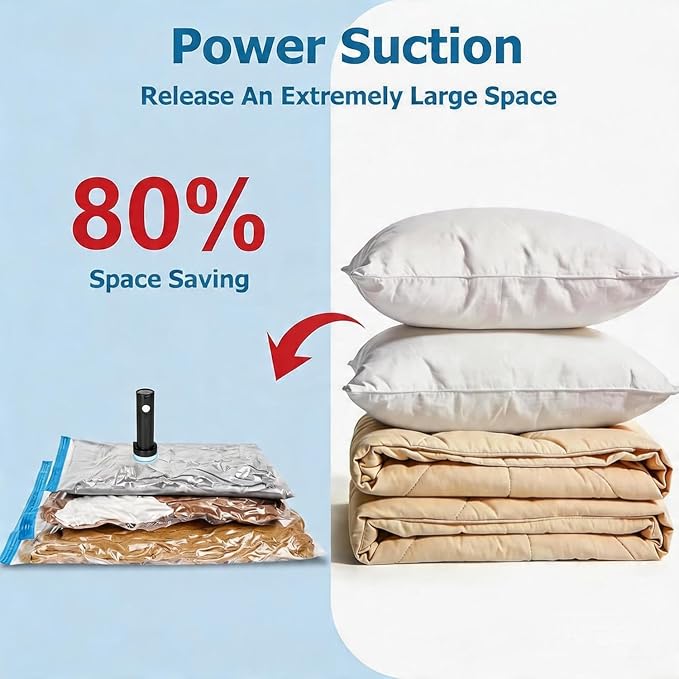 15 Vacuum Seal Bags for Clothing Travel with Rechargeable Air Pump | 4 Size Space Saver Vacuum Storage Bags, 1500mAh Type-C Pump, 6000Pa Saves 80% Space, PA+PE Tearproof Zipper