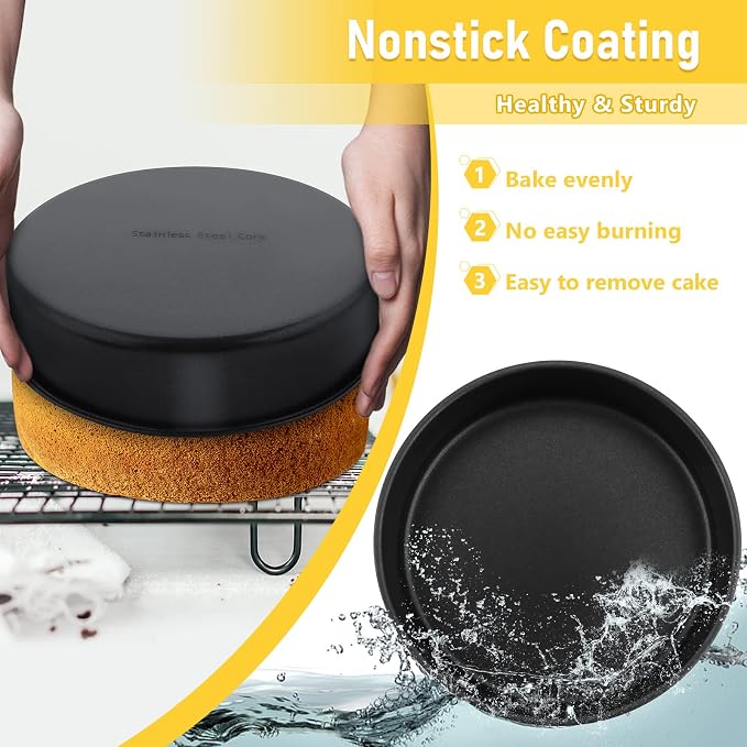 E-far Cake Pan Set of 3(4/6/8 Inch), Nonstick Stainless Steel Cake Pans | Round Baking Tins for Birthday/Wedding Layer Cakes, Stainless Steel Core & Non-toxic Coating, Straight Side & 2 Inch Deep