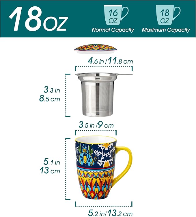 vancasso 18 Oz Tea Infuser Mug with Lid, Golden Lotus Mirage | Eye-Catching Bohemian Pattern, Adds Charm to Any Tea Corner, Ceramic Mug with Infuser, Microwave and Dishwasher Safe