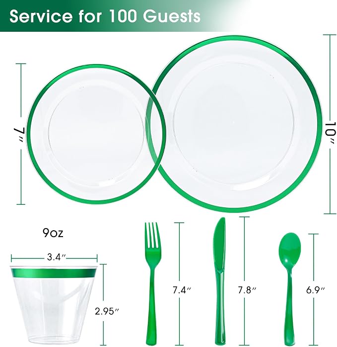 600PCS Clear Green Plastic Plates, Disposable Dinnerware Set for Party | 100 Guest, 100 Dinner & Dessert Plates, Forks, Spoons, Knives, Cups, , for Wedding, Bridal Shower, Christmas