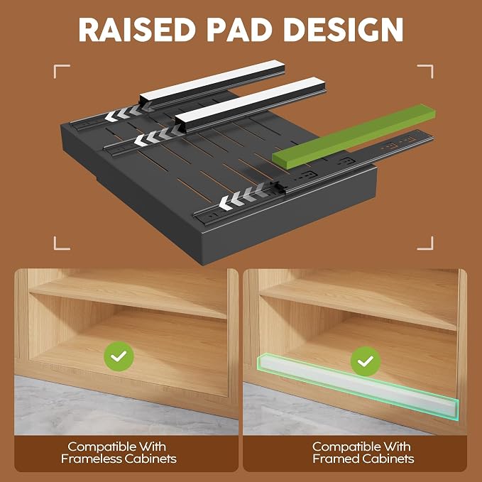 Seinloes 4 Pack Expandable Pull Out Cabinet Organizer 21"Deep With Raising Pad for Framed Cabinets,Upgrade 3 Slide Rails Slide Out Drawers,Roll Out Shelves Adhesive,Adjustable Width 15.15"-26.3" Black