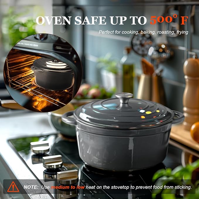 Overmont Enameled Cast Iron Dutch Oven - 4.5QT Pot with Lid Cookbook & Cotton Potholders - Heavy-Duty Cookware for Braising, Stews, Roasting, Sourdough Baking grey