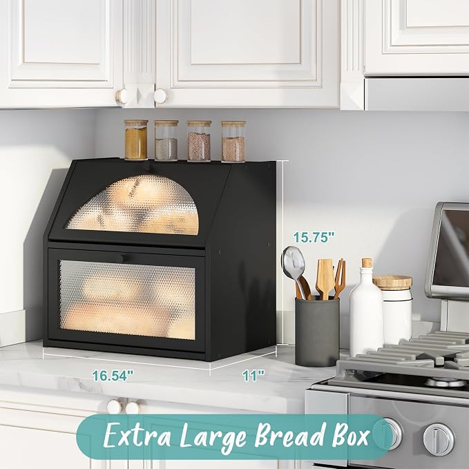 Extra Large Bread Box for Kitchen Counter, Bamboo Wood Double Layer Bread Box for Kitchen Counter, Wooden Capacity Bread Storage Bin，Black