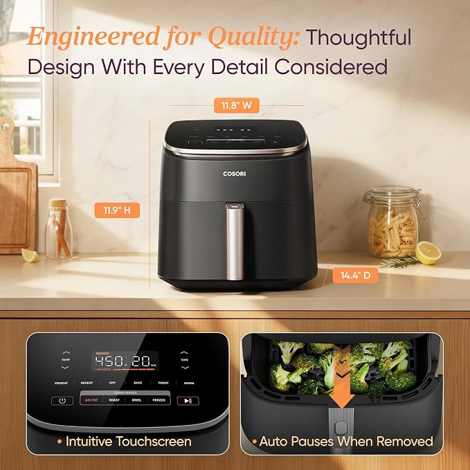 Cosori TurboBlaze Air Fryer, 9-in-1, 6 Qt, PFAS-Free Ceramic Coating | 90°–450°F, 5 Level Fan Speeds, 9 in 1 Air Fry, Roast, Bake, Broil, Dry, Frozen, Proof, Reheat, Keep Warm, Safety lock, 1725W