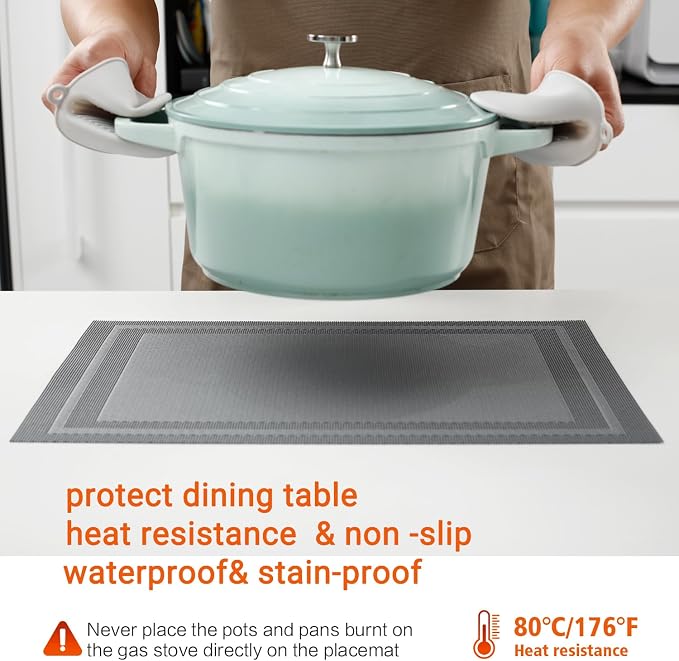 Gray Vinyl Placemats Set of 8,Washable Dining PVC Table Mats | Heat resistant, stain resistant non slip vinyl place mats, washable gray table placemats for dining table