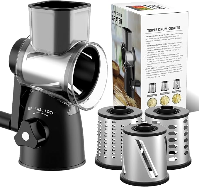 Rotary Cheese Grater Shredder | 3-in-1, Hand Crank, Suction Base