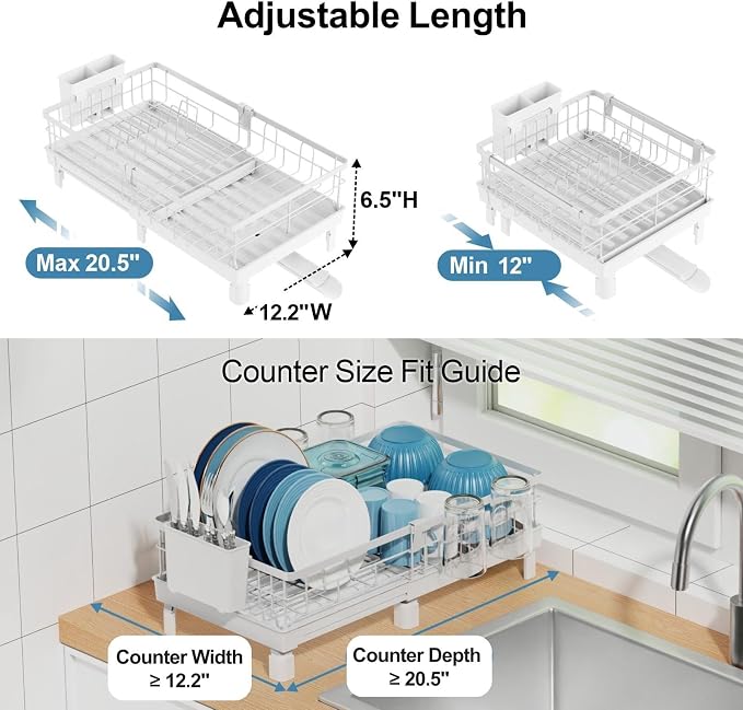 Expandable Dish Drying Rack - Compact with Drainboard, White | 12-20.5 in Adjustable Length, 360° Rotating Drain Spout, Cup & Utensil Holder, Rust-Resistant, Ideal for Small Kitchens & RVs