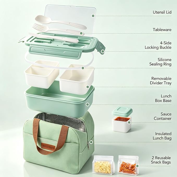 Bento Box 1100ml Lunch Container with Bag & Utensils & 2 Storage Bags Green | Leakproof, microwave safe, BPA-free. Includes insulated bag, fork & spoon, sauce cup, and 2 reusable storage bags for snacks