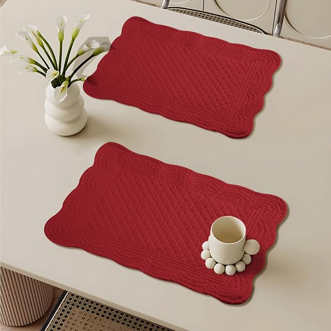 6 PC Quilted Placemats, 18"X13"Extra Large Cotton Placemats Set of 6, 100% Cotton Fabric Washable Cloth Table Mats for Kitchen & Dining Table - Soft &Easy Clean(Red, Rectangular)