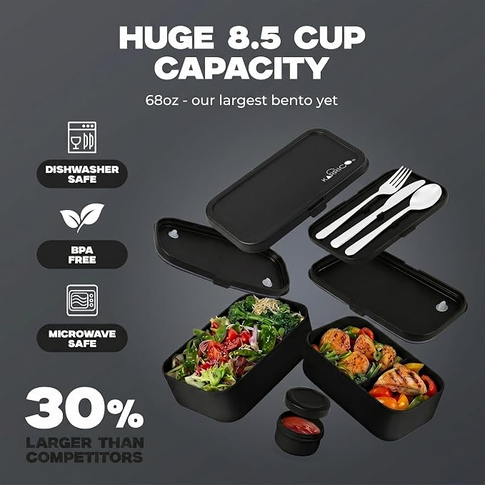 Double Premium Bento Box Adult, 67oz, Stackable, Meal Prep, Black | 67 oz Capacity, Stackable Containers, Leak-Proof Design, Includes Dividers, Great for Meal Prep, Office Lunchbox
