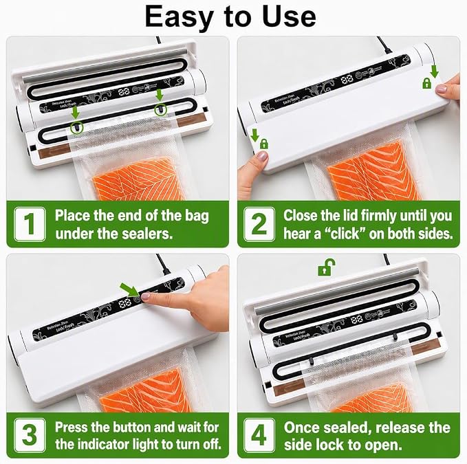 Compact Vacuum Sealer for Food, 75Kpa Food Sealer Machine | 75 Kpa Strong Suction, LED Display, Dual Use for Dry & Wet Foods, with 20 Bags, Ideal for Home Kitchen, White