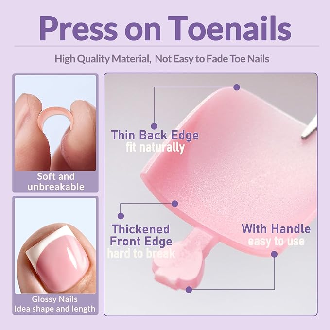 AddFavor 160pcs French Tip Toe Nail Press ons - Pink Press on Toenails for Women, Full Cover Toe Press on Nails with Adhesive Tabs, Fake Toenails Tips