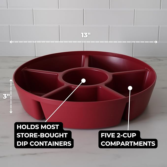 Heavy-Duty Divided Serving Tray with Leakproof Lid - 6 Divided Compartments to Serve & Store Food, Fruit Tray, Veggie Tray, Party Platters - Made In USA (Radiant Red/Clear Lid)