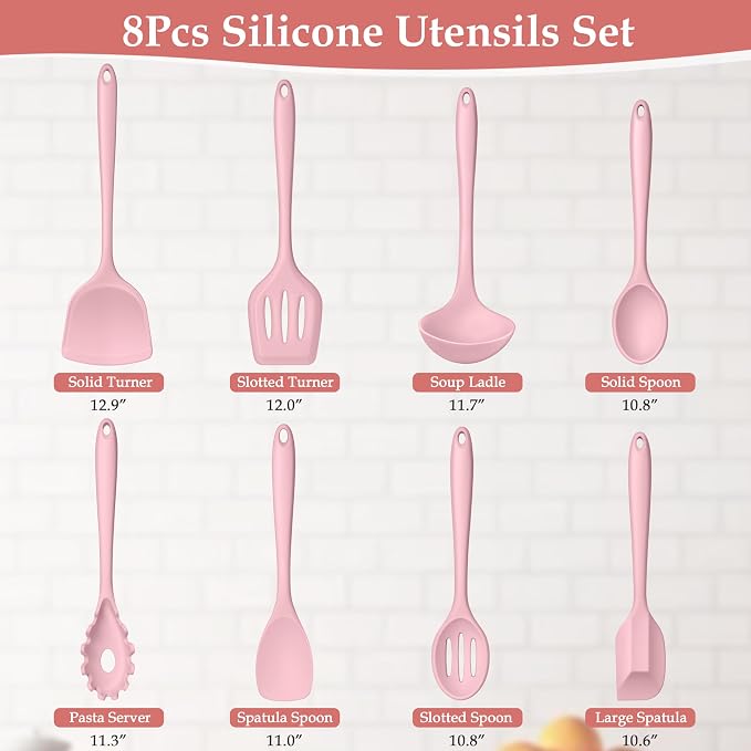 LIANYU Pink Silicone Cooking Utensils Set of 8, Non-Toxic Kitchen Utensils | Include Spatulas Spoons, Heat Resistant Non-Scratch Kitchen Tool, Healthy & Dishwasher Safe