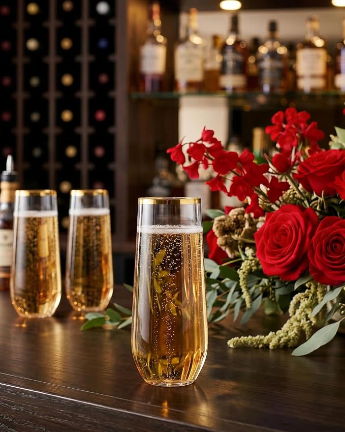 Ciaell 24 Pack Gold Plastic Champagne Flutes for Mimosa Bars | 9 oz Gold Stemless Mimosa Glasses, Heavy Duty Plastic, Champagne Mimosas Wine Cocktails for Weddings Birthdays Parties
