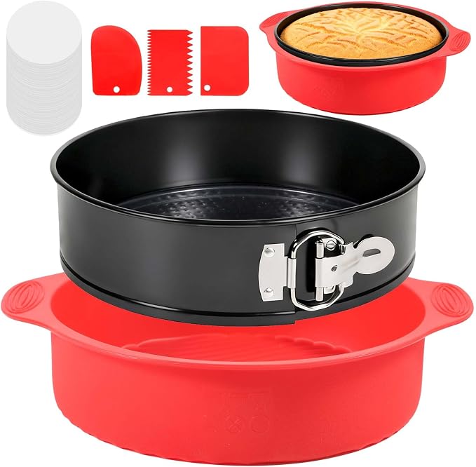 MASSUGAR 9 Inch Springform Pan, Nonstick Cheesecake Pan with Silicone Protector, 50 Pcs Parchment Paper Liners & 3 Cake Scrapers, No Leaks in Water Bath, Leakproof Round Cake Pan with Removable Bottom