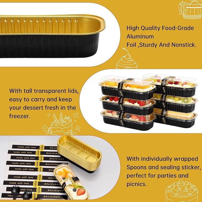 100 Pack 6.8 oz Rectangular Mini Loaf Pans with Lids and Spoons,Disposable Aluminum Foil Mini Cake Pans and Baking Tins with Sealing Stickers, Individual Black Dessert Containers for Parties