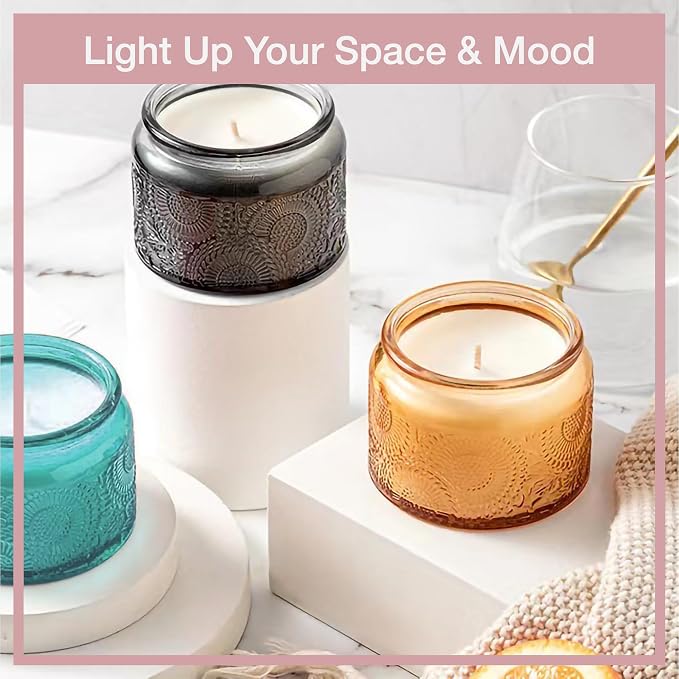 4 oz Decorative Small Glass Jars with Airtight Bamboo Lids, 6 Color 24 Pack | Vintage embossed color coated containers, kitchen pantry bathroom organization & decor, spices, DIY gifts, candle making