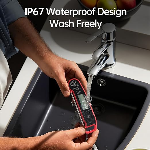Lonicera Instant-Read Meat Thermometer, 1-Second, IP67 Waterproof, Red | Thermocouple sensor delivers readings in 1 second with ±0.9°F accuracy, plus IP67 waterproofing, auto-rotate and wake