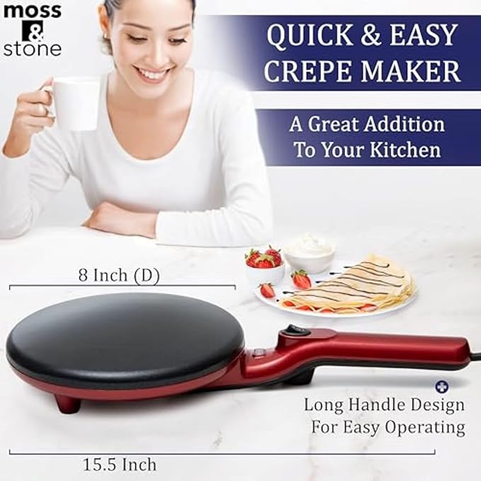 Moss & Stone Red Electric Crepe Maker, 8" Portable Nonstick Crepe Pan | Nonstick dipping plate, auto shut-off, on/off switch, even heating, dual temperature control, compact design