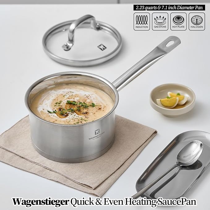 WAGENSTEIGER 2.23 Quarts 3-Ply Stainless Steel Saucepan with Aluminum Core, Tempered Glass Lid, Compatible with All Cooktops, Quick & Even Heating, Rust & Corrosion Resistant (6.89" Diameter)