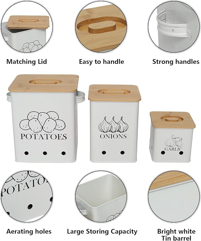 Kitchen Canisters Set, Storage Bin for Potato Onion & Garlic, 3 Pack Set Countertop Pots Containers with Wooden Lid - Potato Storage, Garlic Bin, Onion Keeper Tin with Aerating Holes-White