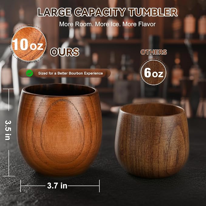 Charred Wooden Bourbon Drinking Glass Wooden Whiskey Glasses Set of 2 Complete Whiskey Gift Set Old Fashioned Glass Bourbon Gifts for Men (Gold Accents)
