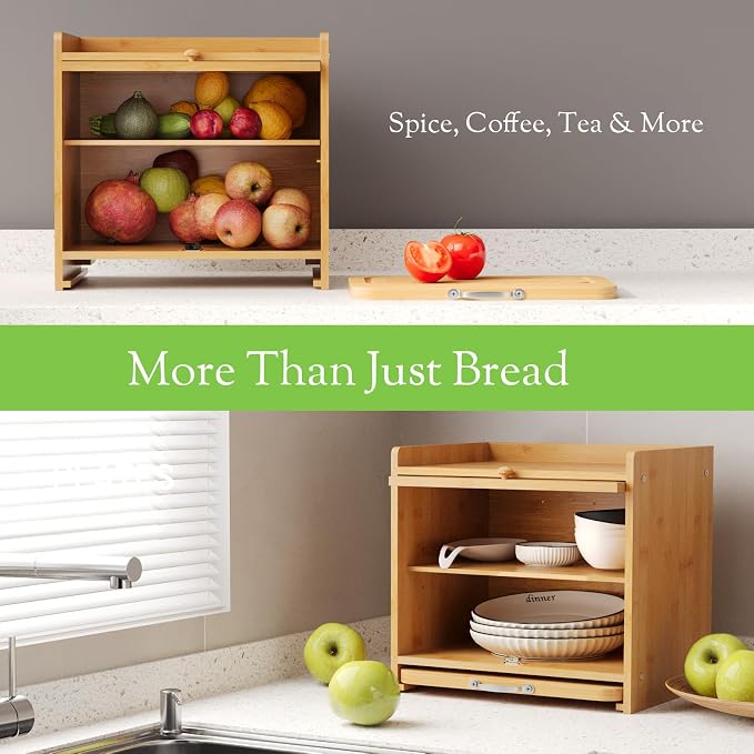 Bamboo Bread Box, Double Layer, Cutting Board, Kitchen, Natural | See-Inside Acrylic, Magnetic Closure, Countertop Bread, Fruit, Tea, Coffee Storage, Rear Vents Stay Fresh, Adjustable Shelf
