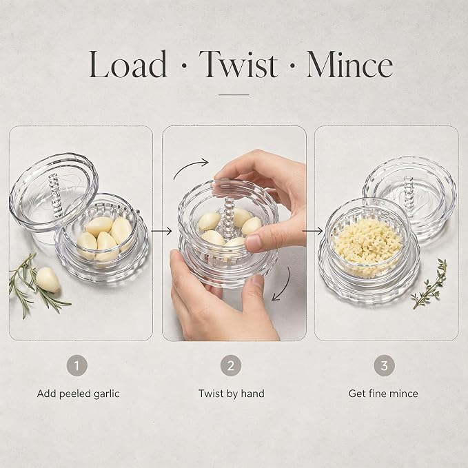 Garlic Twister Mincer, Garlic Press-Clear Crusher for Ginger,Herbs 2PCS | BPA-free food-grade plastic Twist-to-crush design, effortless See-through chamber for precise control