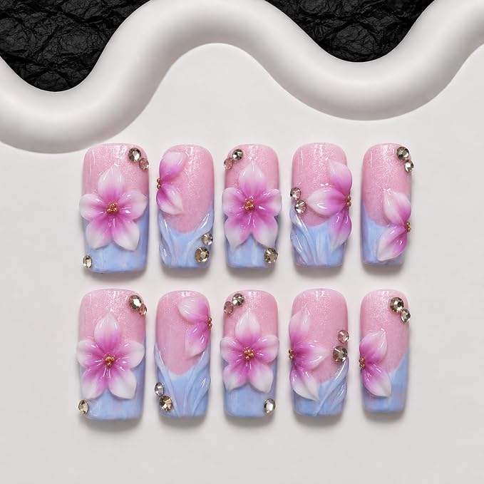 10pcs Handmade Press on Nails Medium Square Nails Press ons with 3D Flower & Rhinestones Design Thicked Muti-Layer Gel Fake Nails Purple Gradient French Tip Acrylic Nail Kit for Women (S)