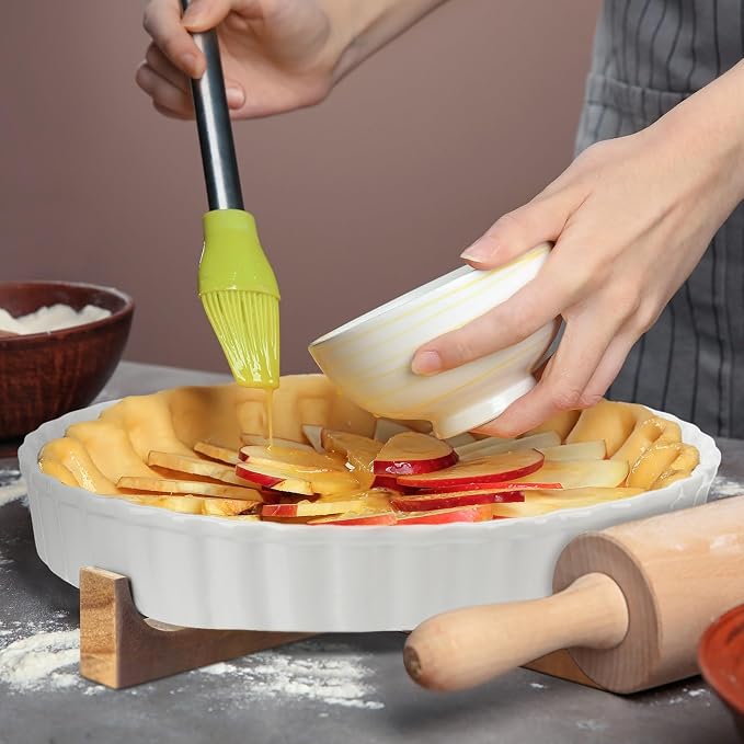 LemonRoad 9 Inch Ceramic Pie Pan with Wood Stand, Deep Fluted Dish | Quiche Dish for Tart Pot Pie, Wooden Stand for Serving, Oven Safe for Creme Brulee Cheesecake, Fluted Ceramic Baking Pan