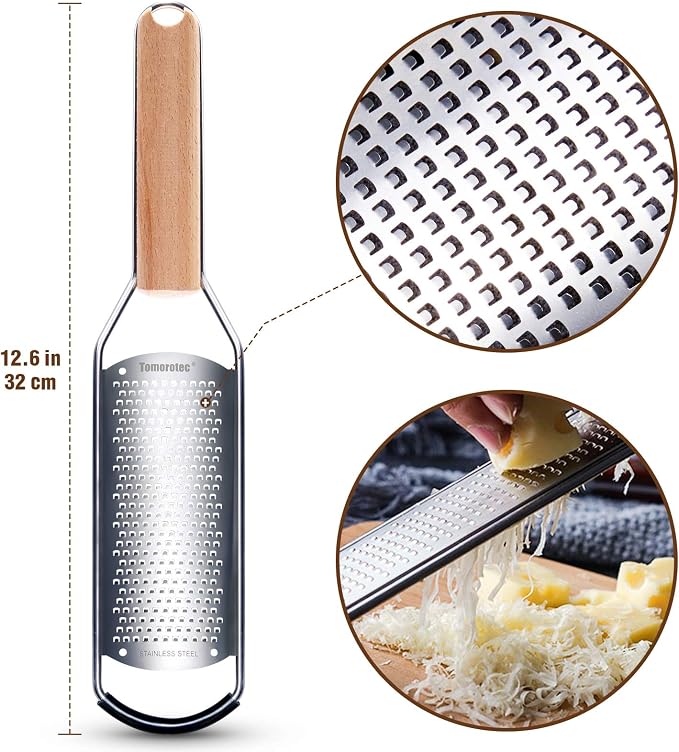 Tomorotec Stainless Steel Cheese Grater w/Wood Handle for Parmesan Cheese | Cheese Grater Zester for Lemon, Ginger, Cheese, Potato, Natural Wood Handle with Non-Slip Rubber Foot, 304 Stainless Steel