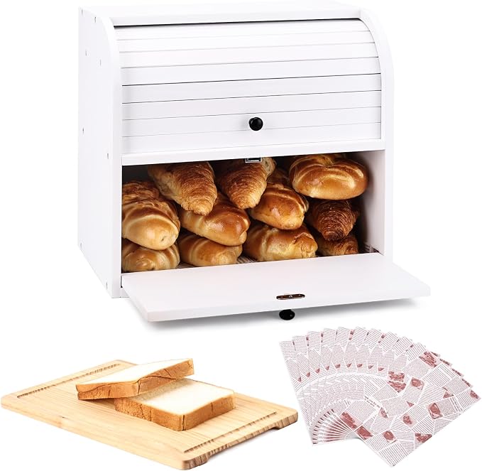 Alpeir Roll Top Bread Box with Cutting Board for Kitchen Countertop, White | Large Breadbox with Ventilation Holes, Double Layer Pantry Shelf, Wooden Homemade Bread Storage Container, Vintage Farmhouse