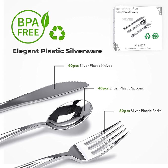 1280 Pack Silver Plastic Cutlery Disposable Silverware - 640 Forks, 320 Knives, 320 Spoons - For Catering, Parties, Dinners, Weddings, and Everyday Use, Stock Your Home