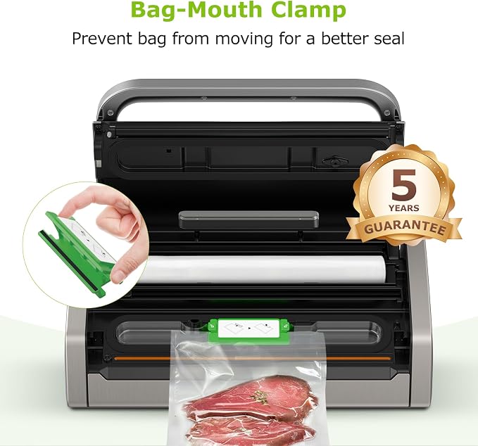 Bonsenkitchen Vacuum Sealer with Easy Handle Design,1 Bag Roll & 10 Bags | Powerful Suction Food Vacuum Sealer, Low-Noise, Fast Continuous Sealing for Bulk Buy, Built-in Cutter & Bag Storage, Black