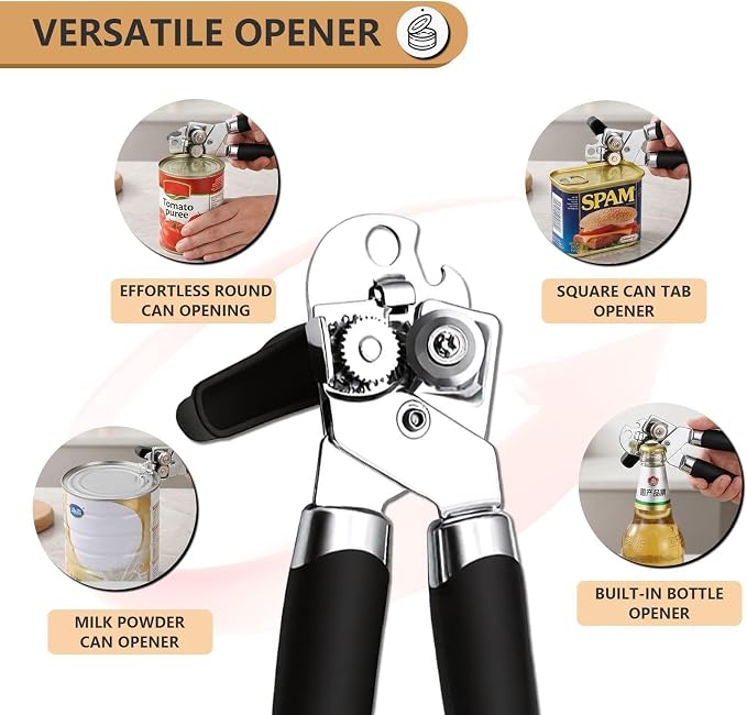 Can Opener Manual Heavy Duty | Hand Held, for Seniors with Oversized Turn Knob, Soft Grip Sharp Blade, Solid Steel Hand Manual, for Kitchen & Camping