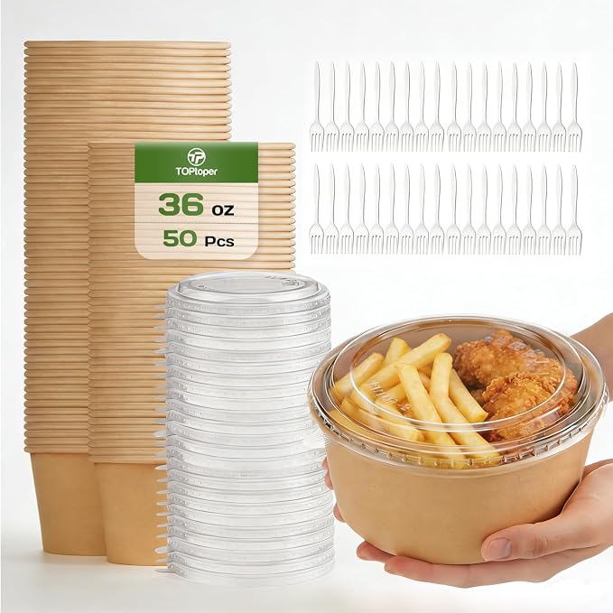 TOPtoper 36Oz 50Pcs Large Paper Bowls with Lids and Forks, Heavy Duty Disposable Meal Prep Containers for Hot/Cold Food, Soup, Disposable Bowls Bulk Soak-Proof for Party