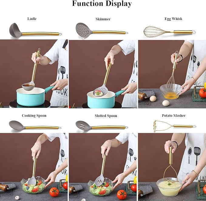 38 Piece Silicone kitchen Cooking Utensils Set with Utensil Rack, Silicone Head and Stainless Steel Handle Cookware, Kitchen Tools for Utensil Sets, Non-Stick kitchen Gadgets, Dishwasher Safe (Gold)