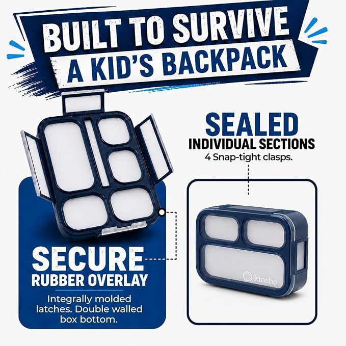 kinsho Bento Lunch-Box Set for Kids Includes Snack Container | 6 and 3 Compartment Boxes Leakproof School Bentos, Meal Portion Control Containers, Boys Girls Adults, Navy Blue Large + MINI 2 Pack Set