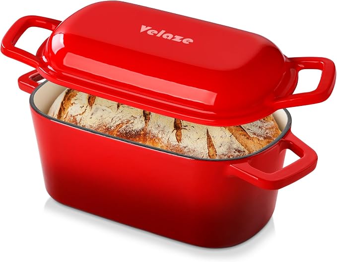 Velaze 3.6 QT Oval Cast Iron Dutch Oven for Bread Baking, Offset Handles | Bread Pan with Lid for Sourdough Sandwich,Small Households Baking,Gift for Bread Bakers,Deep Base,Oven Safe,Red