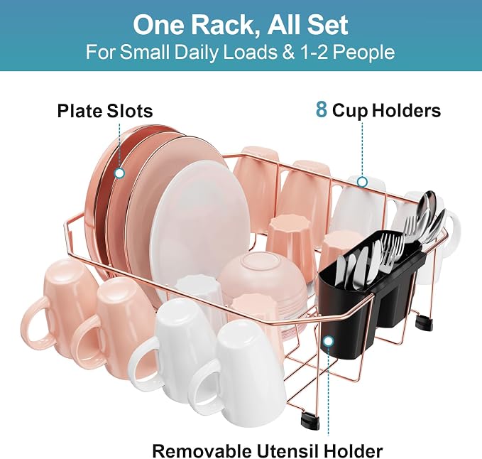 Small in Sink Dish Drying Rack - Stainless Steel for RV Kitchen | Compact Design, Rust-Resistant, Angled Corners Fit Square & Round Sinks, Removable Utensil Holder, Cup Hooks, 13.1"W x 14.4"L